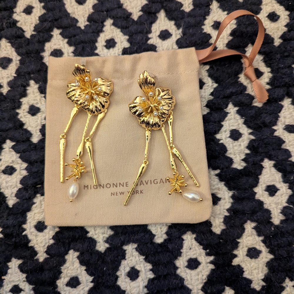 Mignonne Gavigan Gold Floral Drop Earrings with Pearl Teardrops